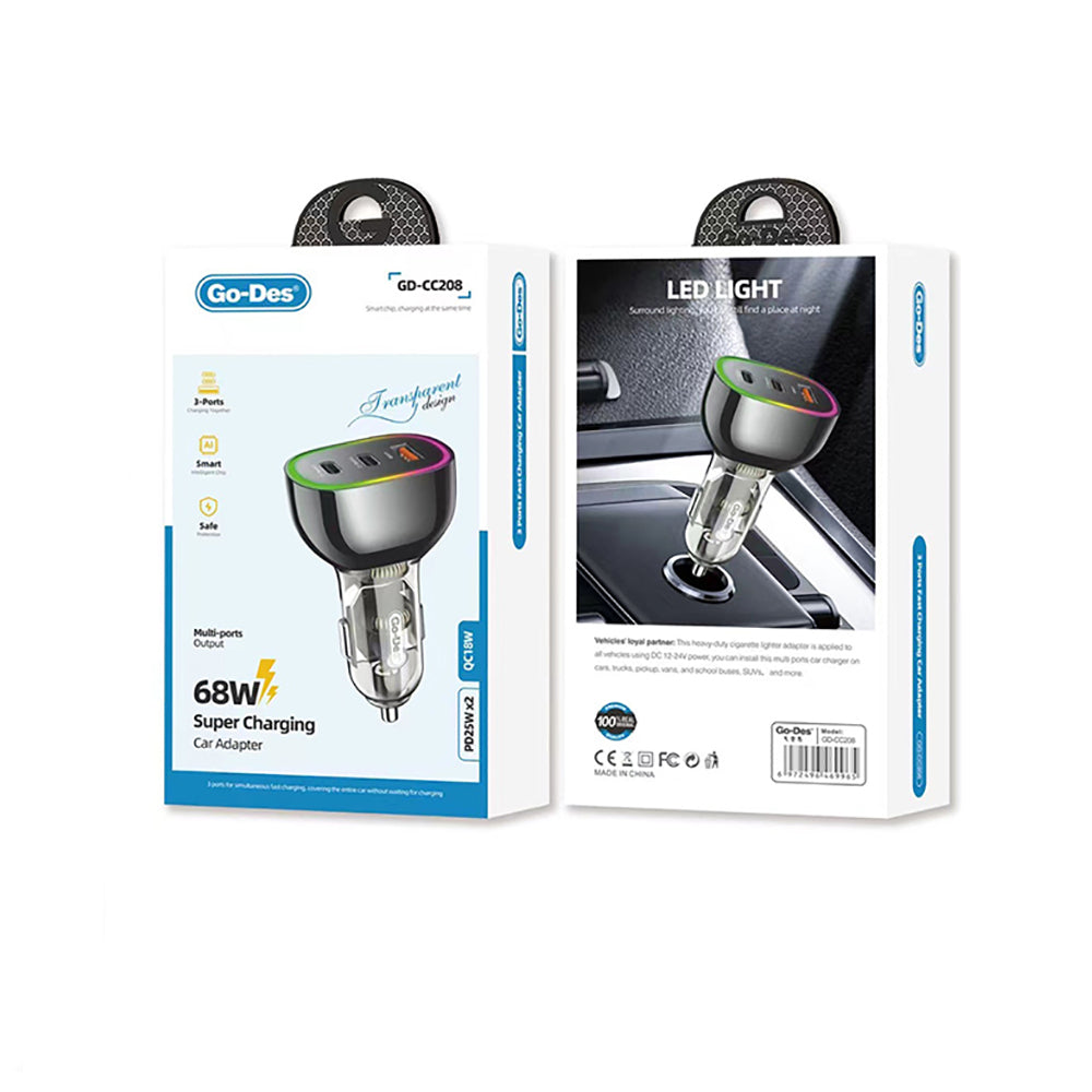 Go Des GD-CC208 Hızlı Şarj Özellikli Dual Type-C + USB-A Portlu Araç Şarj Aleti 68W Go Des GD-CC208 Hızlı Şarj Özellikli Dual Type-C + USB-A Portlu Araç Şarj Aleti 68W